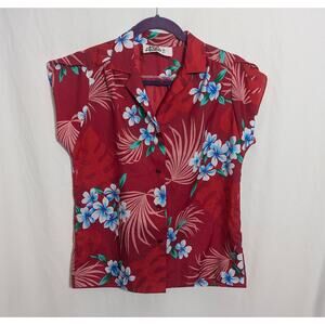 Vintage Hilo Hattie's Red Floral Hawaiian Top Small retro tropical aloha